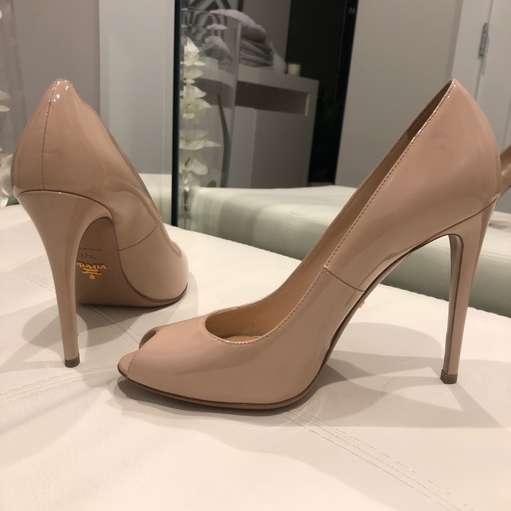 Prada nude patent peep toe